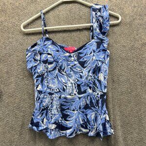 Lilly Pulitzer Top Womens 2 Blue Floral Ruffle Smocked Peplum Sleeveless Shirt